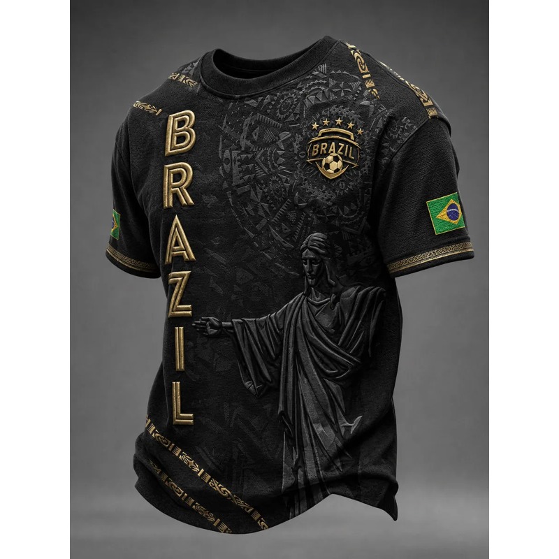 3D Printing Gold - Schwarzes Brasilien Street-Style T-Shirt mit 3D-geprägtem